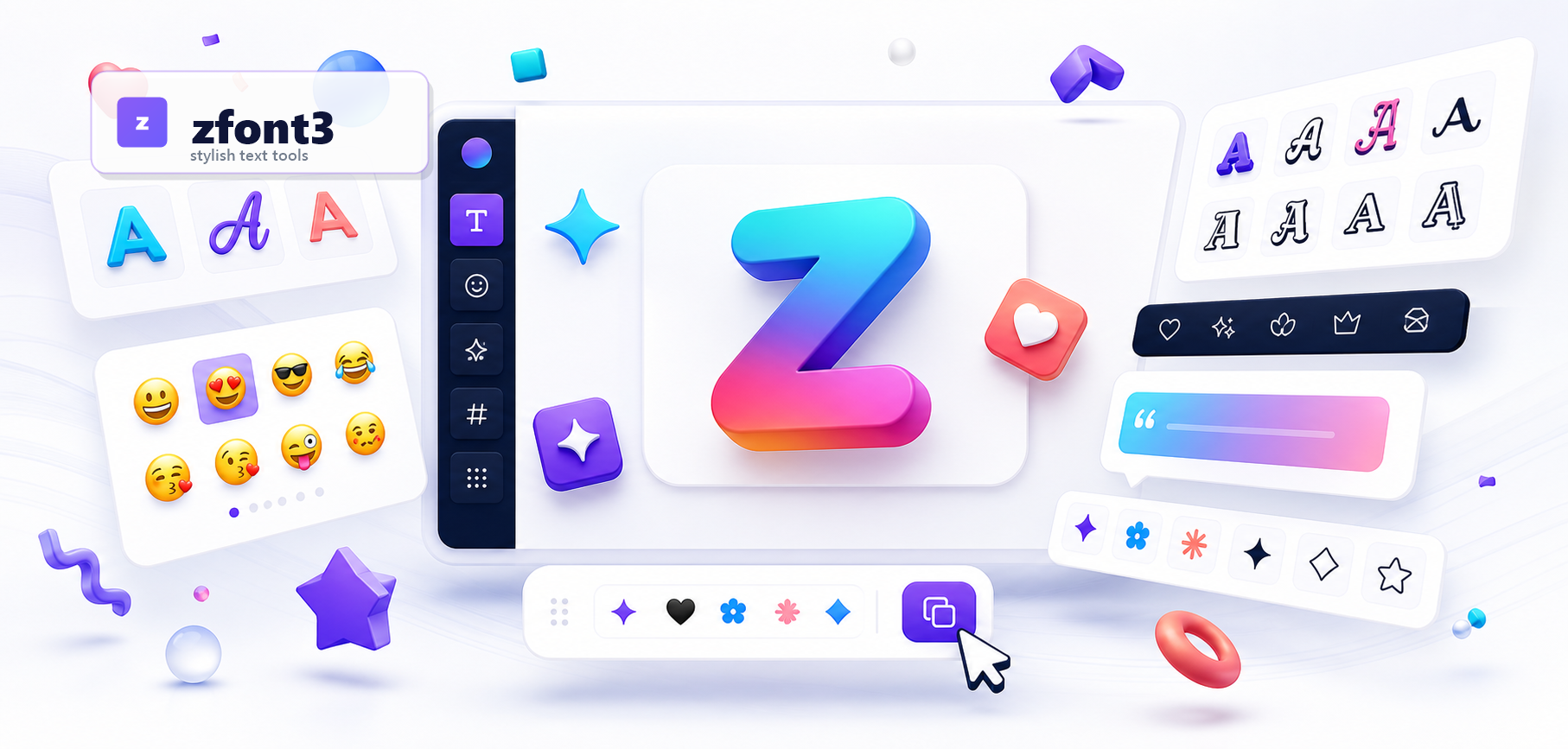zfont3 brand banner with text, emoji, symbol, and copy-paste tool visuals